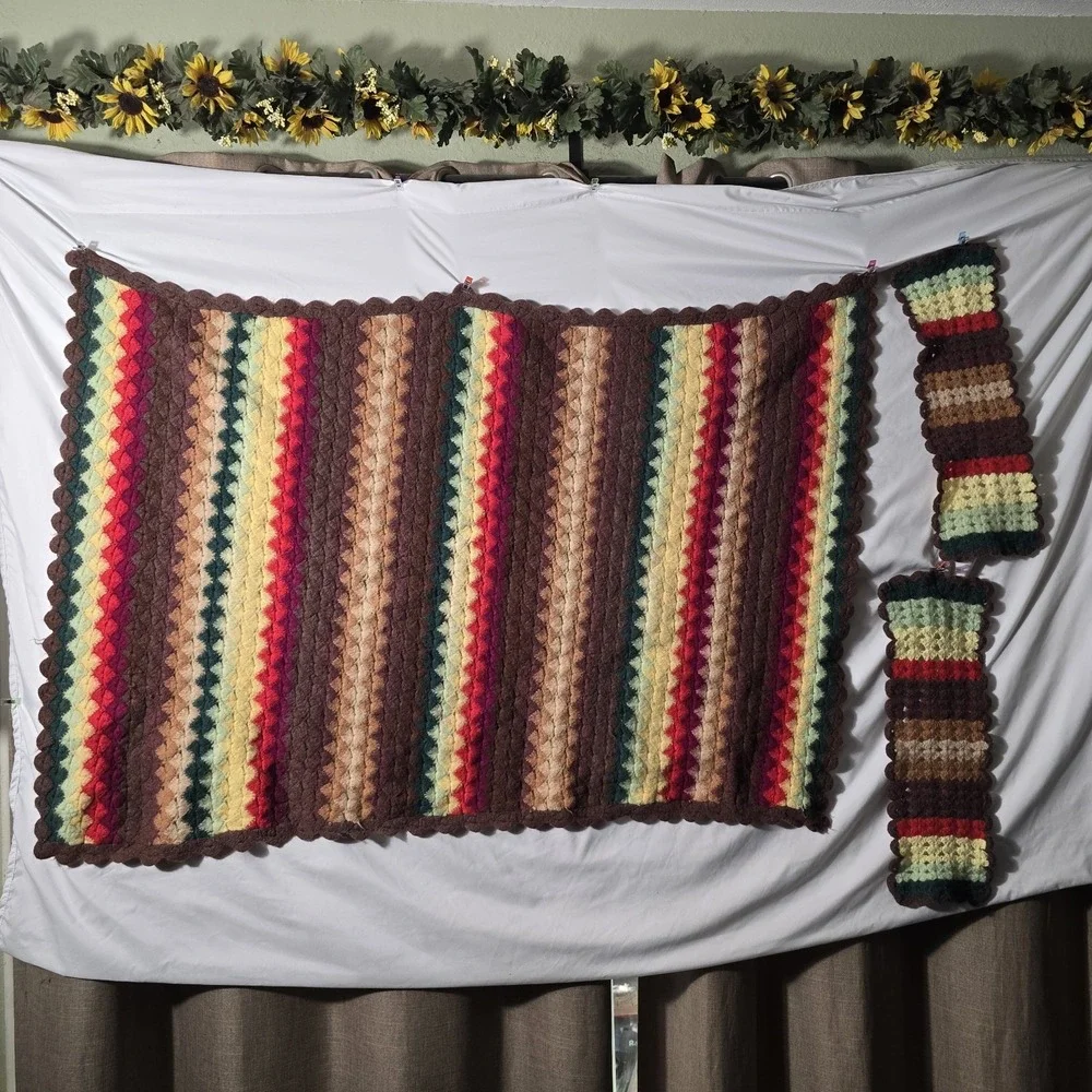 Vintage MCM Handmade Afghan Blanket Throw Crochet Multi Color 48x34 70's‎